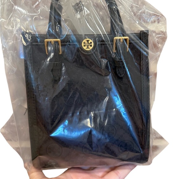 Tory Burch Emerson T Monogram Mini Shopper Tote Black Leather Crossbody Bag - Picture 3 of 4